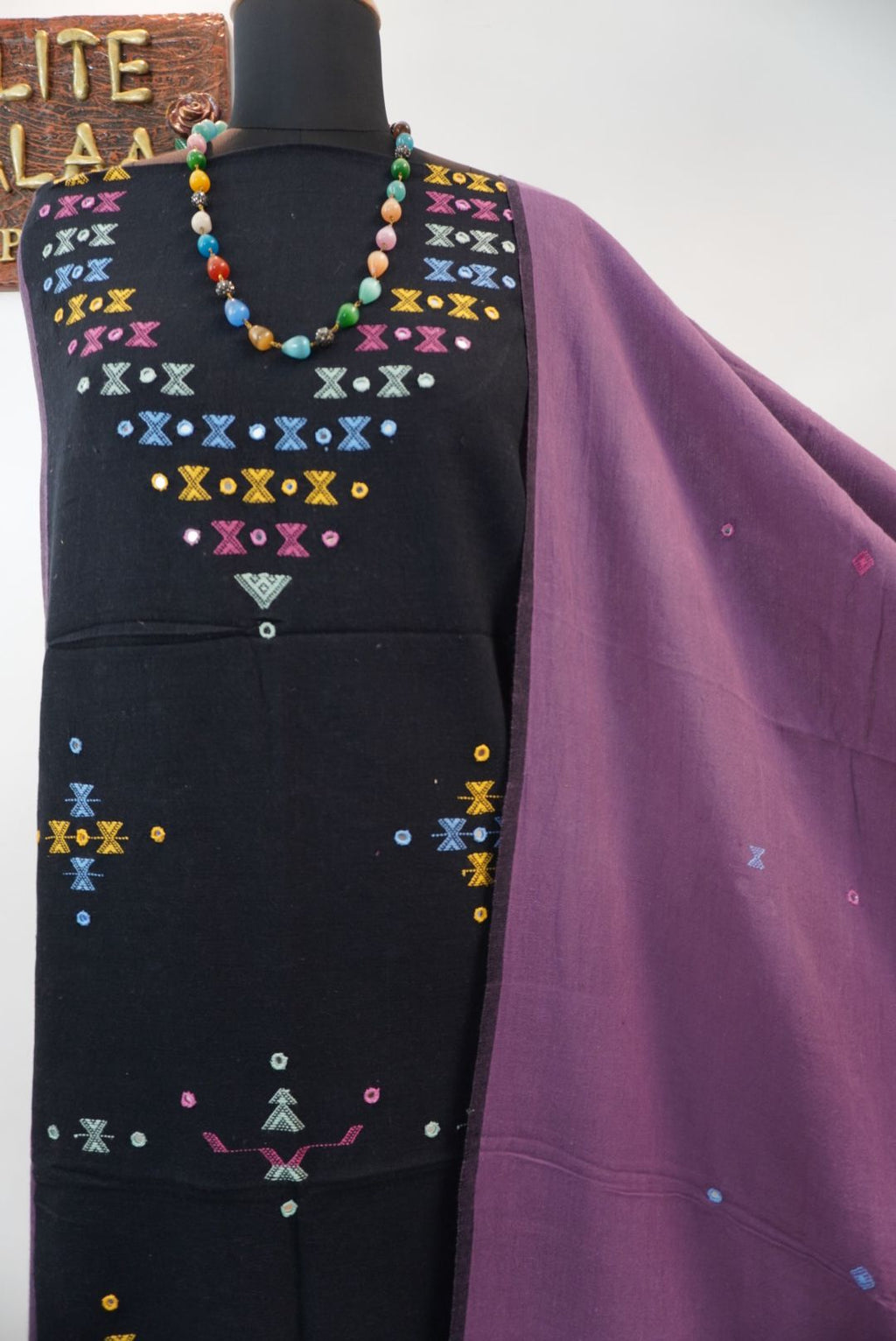 Black Kala Cotton Bhujodi 3 piece suit set with placement pattern, border, fringe and tassels
