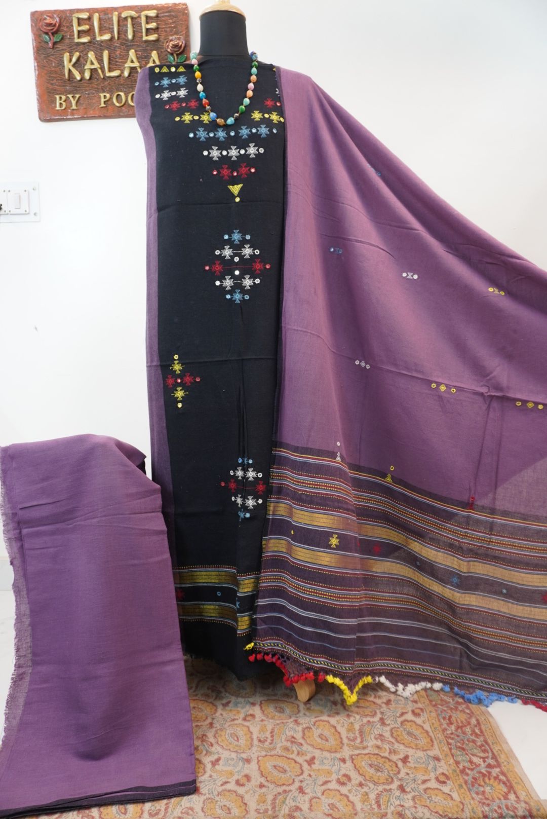 Black Kala Cotton Bhujodi 3 piece suit set with border, fringe and tassels