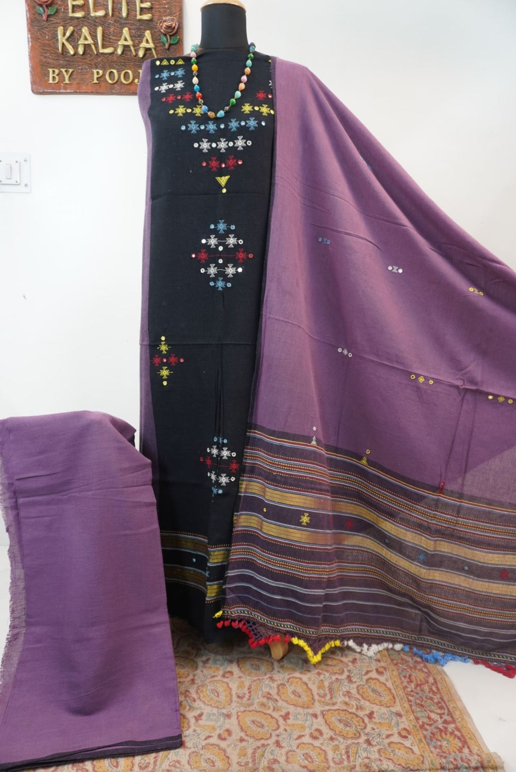 Black Kala Cotton Bhujodi 3 piece suit set with border, fringe and tassels