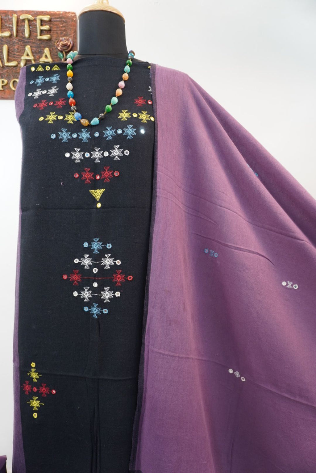 Black Kala Cotton Bhujodi 3 piece suit set with border, fringe and tassels