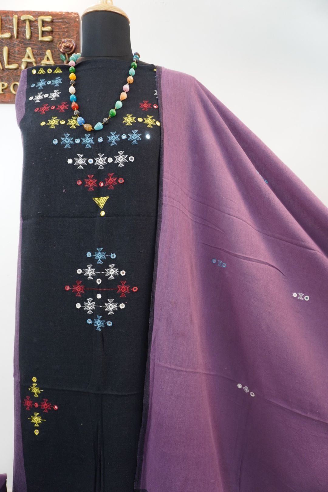 Black Kala Cotton Bhujodi 3 piece suit set with border, fringe and tassels