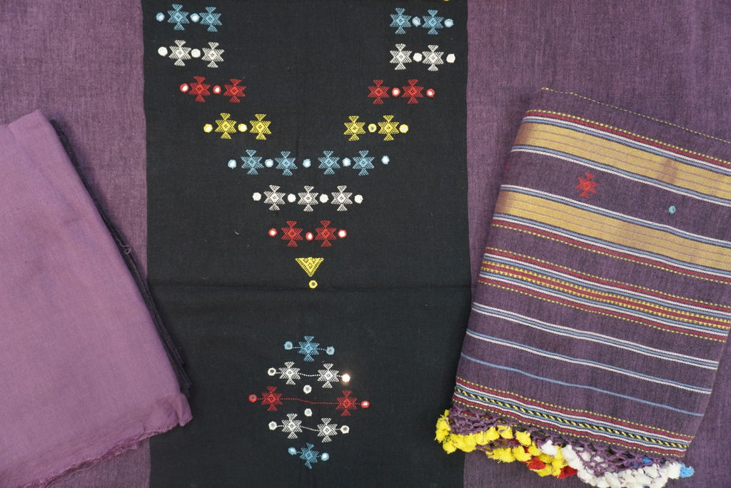 Black Kala Cotton Bhujodi 3 piece suit set with border, fringe and tassels