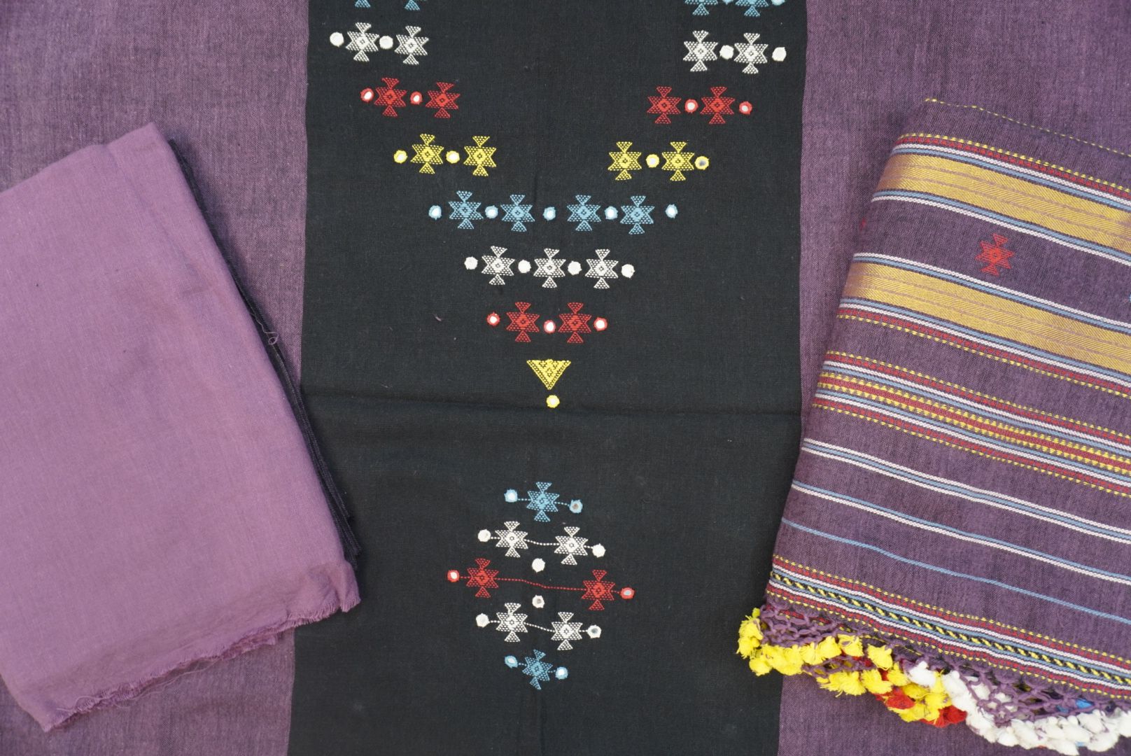 Black Kala Cotton Bhujodi 3 piece suit set with border, fringe and tassels
