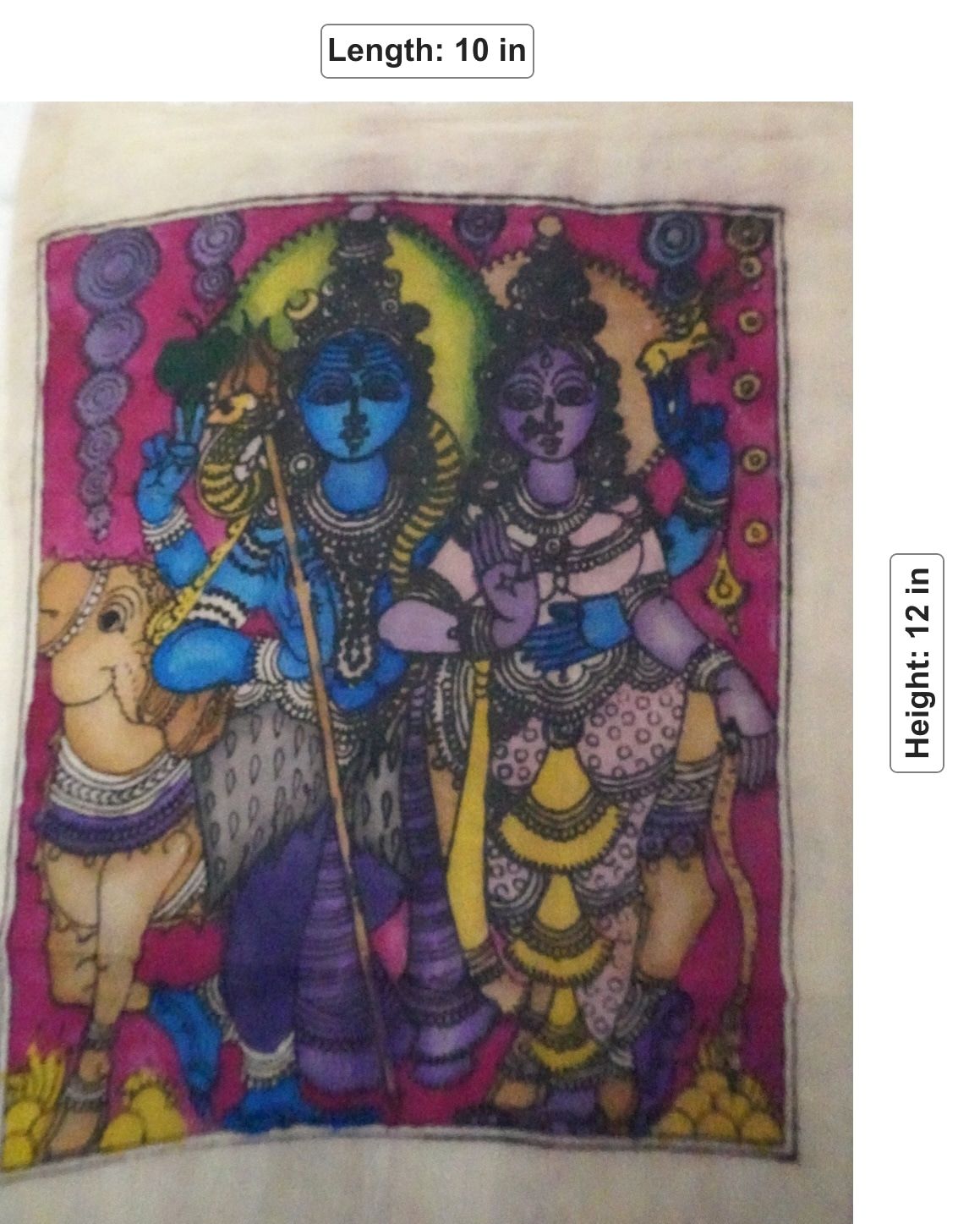 Pink Kalamkari figurative patch with Shiva-Parvati-with-Nandi design and bordered edge