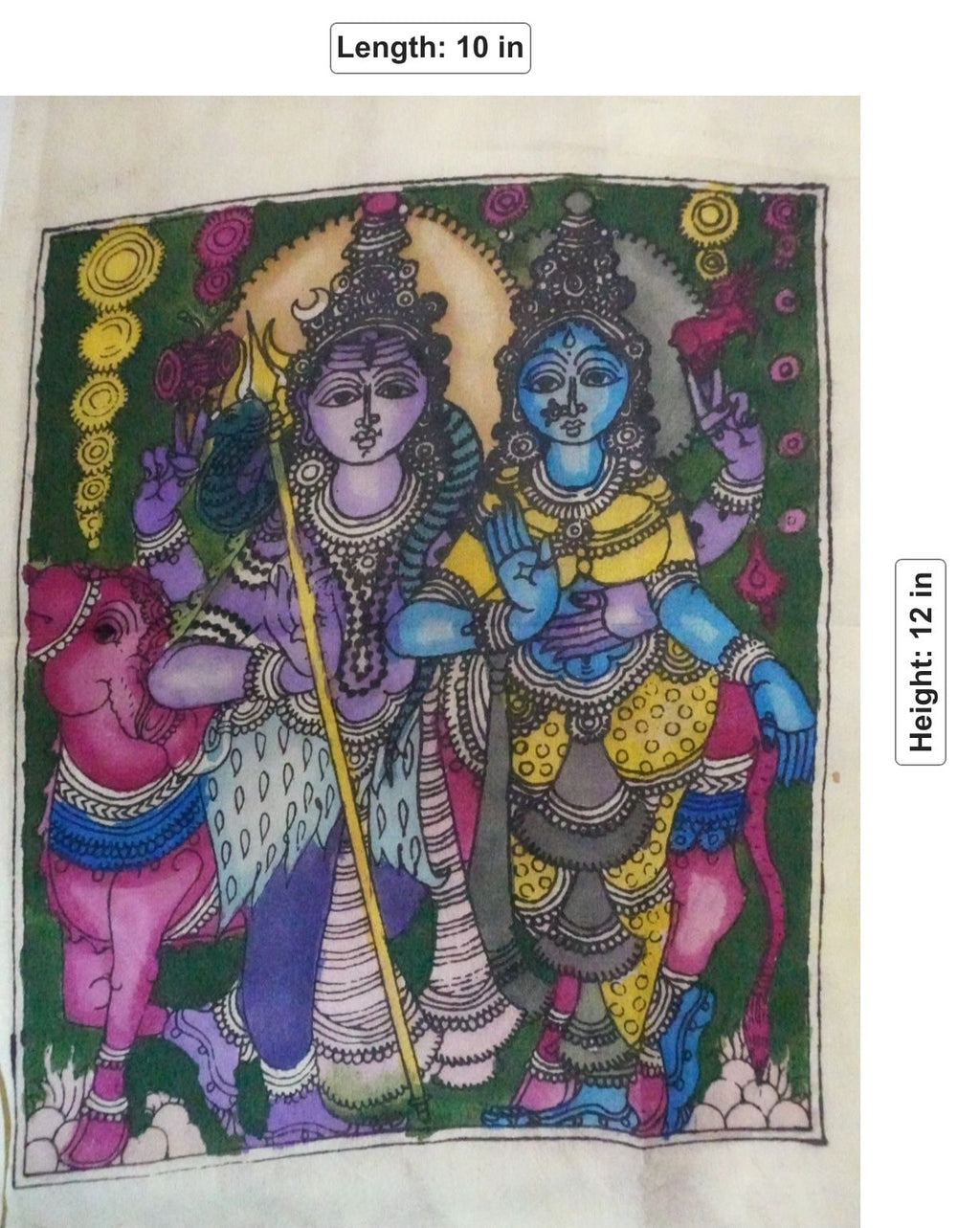 Green Kalamkari patch with Shiva-Parvati and elephants motif and border detail