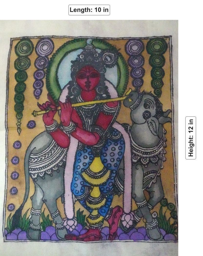 Kalamkari figurative patch of Krishna playing the flute with cows, with a border