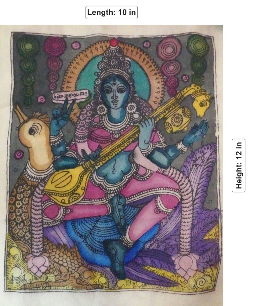 Grey Kalamkari patch with Saraswati holding Veena and a visible border detail