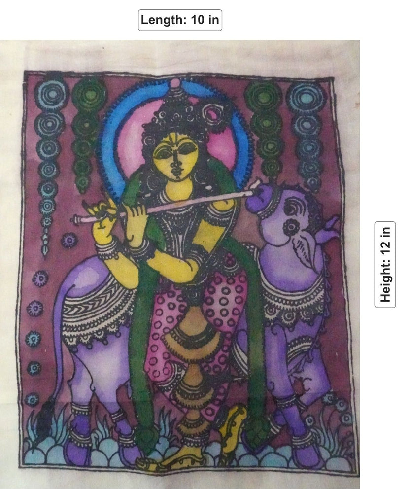 Pink Kalamkari patch with Krishna holding a flute and a figurative devotional design with border detail.