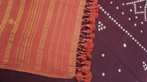 Ajrakh handblock bandhni 2 piece suit in carrot pink and maroon with border, tassels and zari detailing