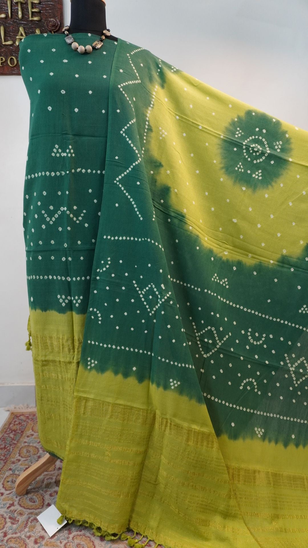 Green cotton Ajrakh handblock 2-piece suit set with abstract design, border and zari detailing