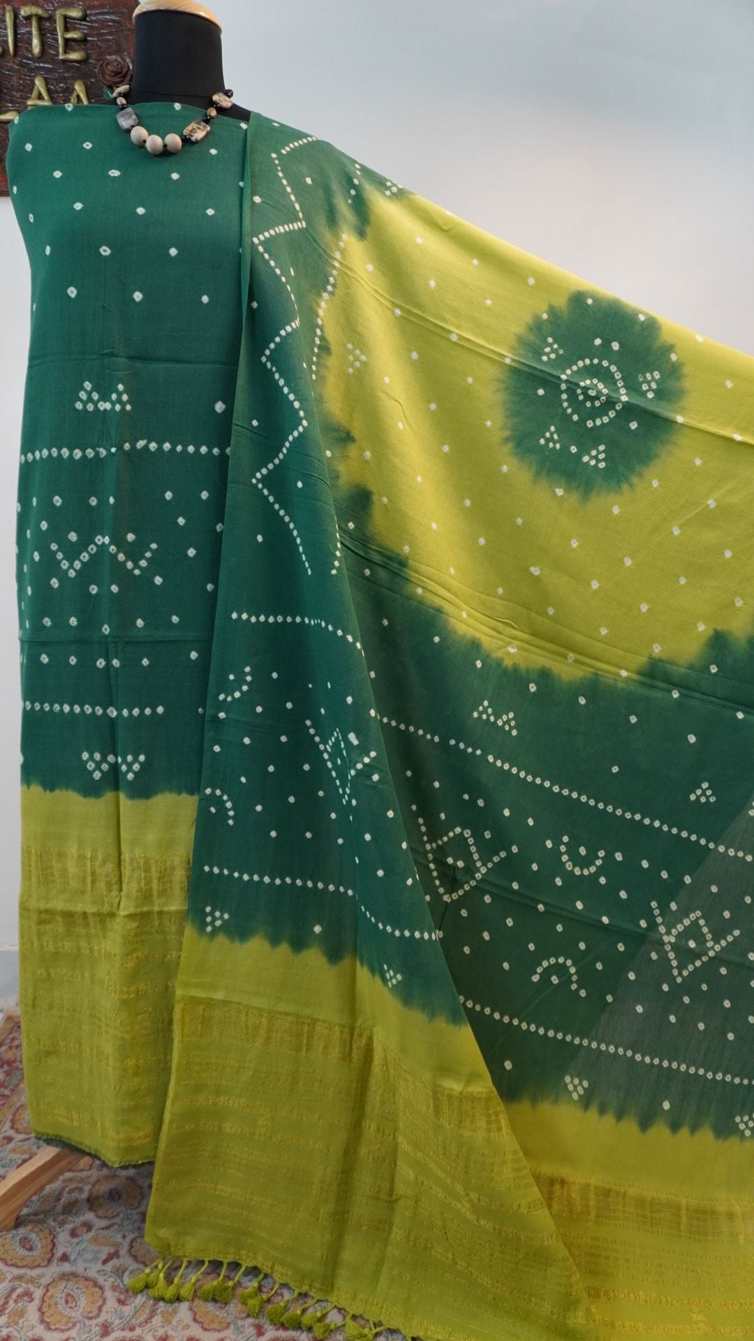 Green cotton Ajrakh handblock 2-piece suit set with abstract design, border and zari detailing