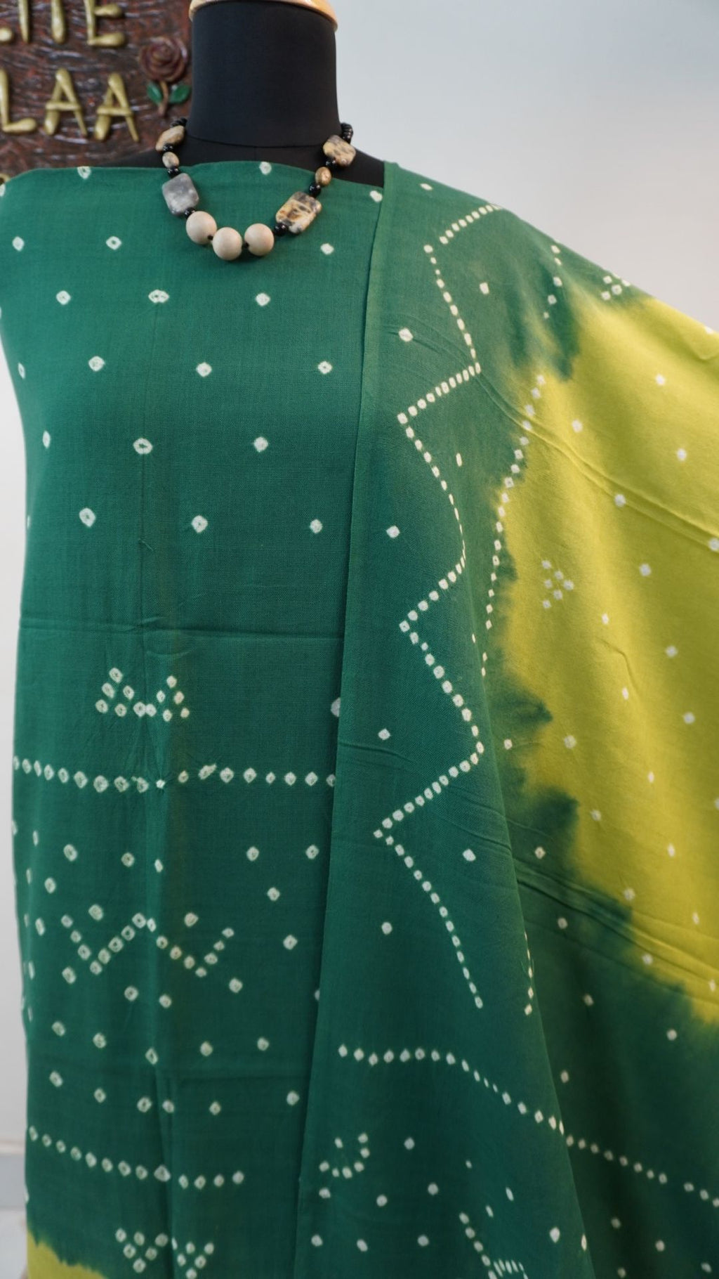 Green cotton Ajrakh handblock 2-piece suit set with abstract design, border and zari detailing