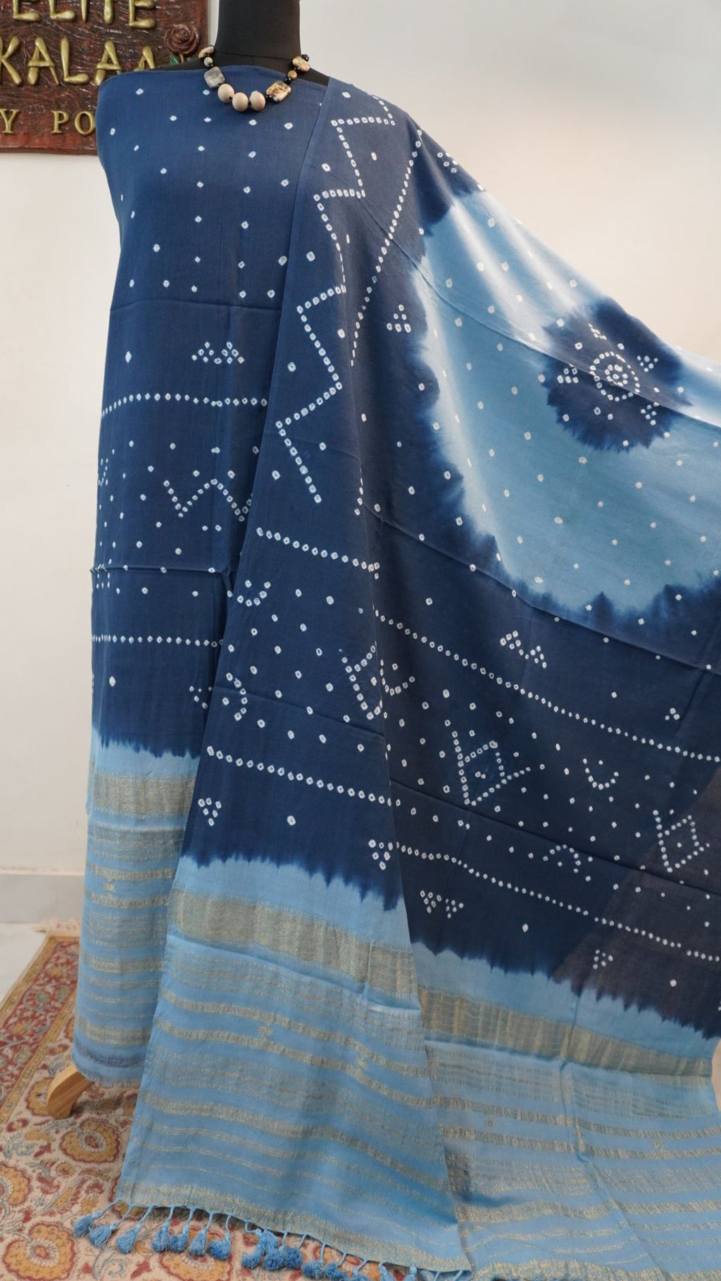 Blue cotton Ajrakh 2 piece unstitched suit set with border and zari detail
