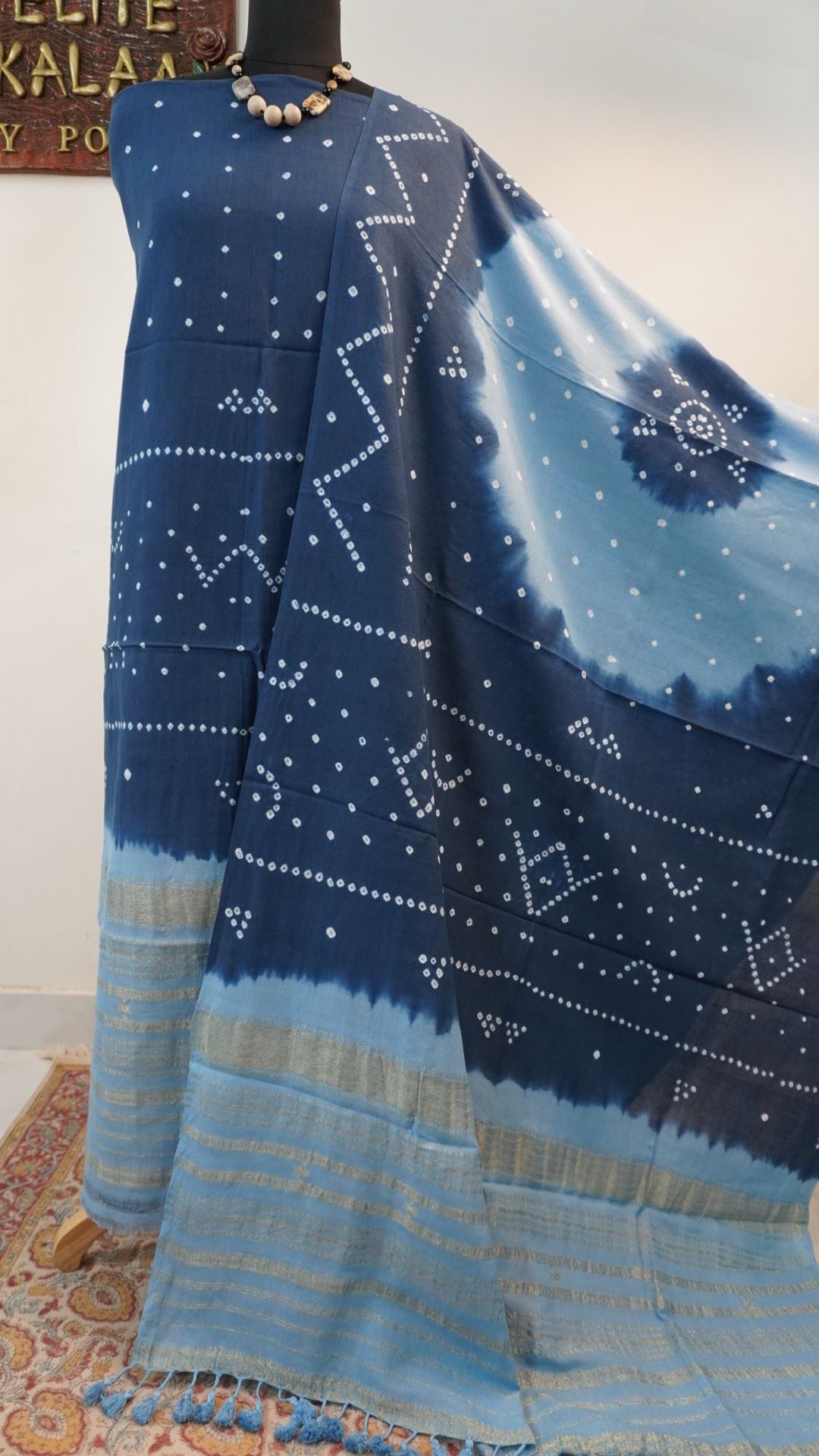 Blue cotton Ajrakh 2 piece unstitched suit set with border and zari detail