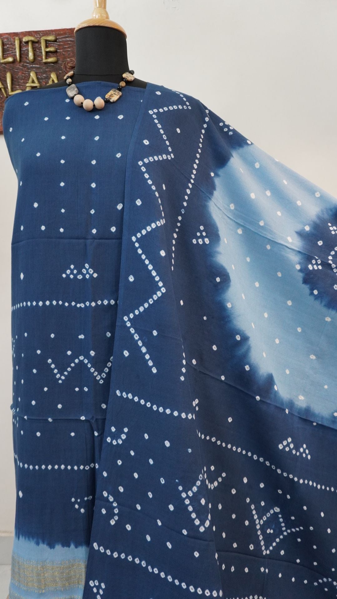 Blue cotton Ajrakh 2 piece unstitched suit set with border and zari detail