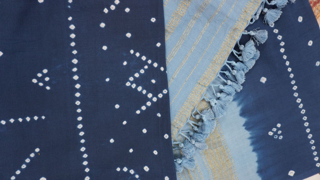 Blue cotton Ajrakh 2 piece unstitched suit set with border and zari detail