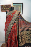 Dola Silk ajrakh handblock saree floral nakshi palla - red