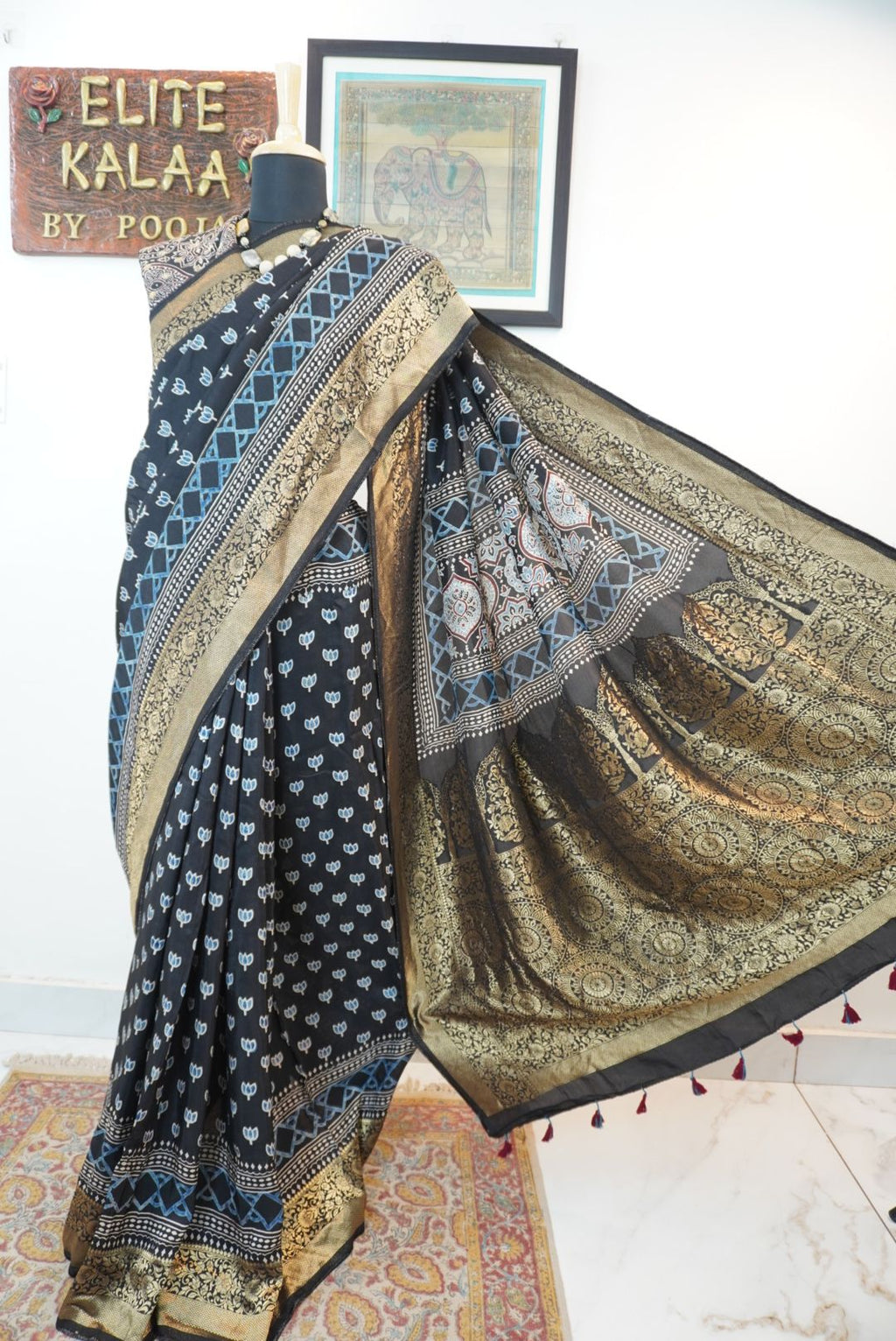 Dola silk ajrakh Handblock saree/Black/ Design 1