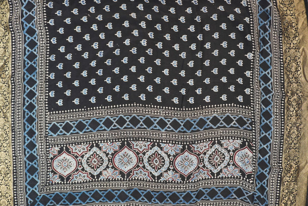 Dola silk ajrakh Handblock saree/Black/ Design 1