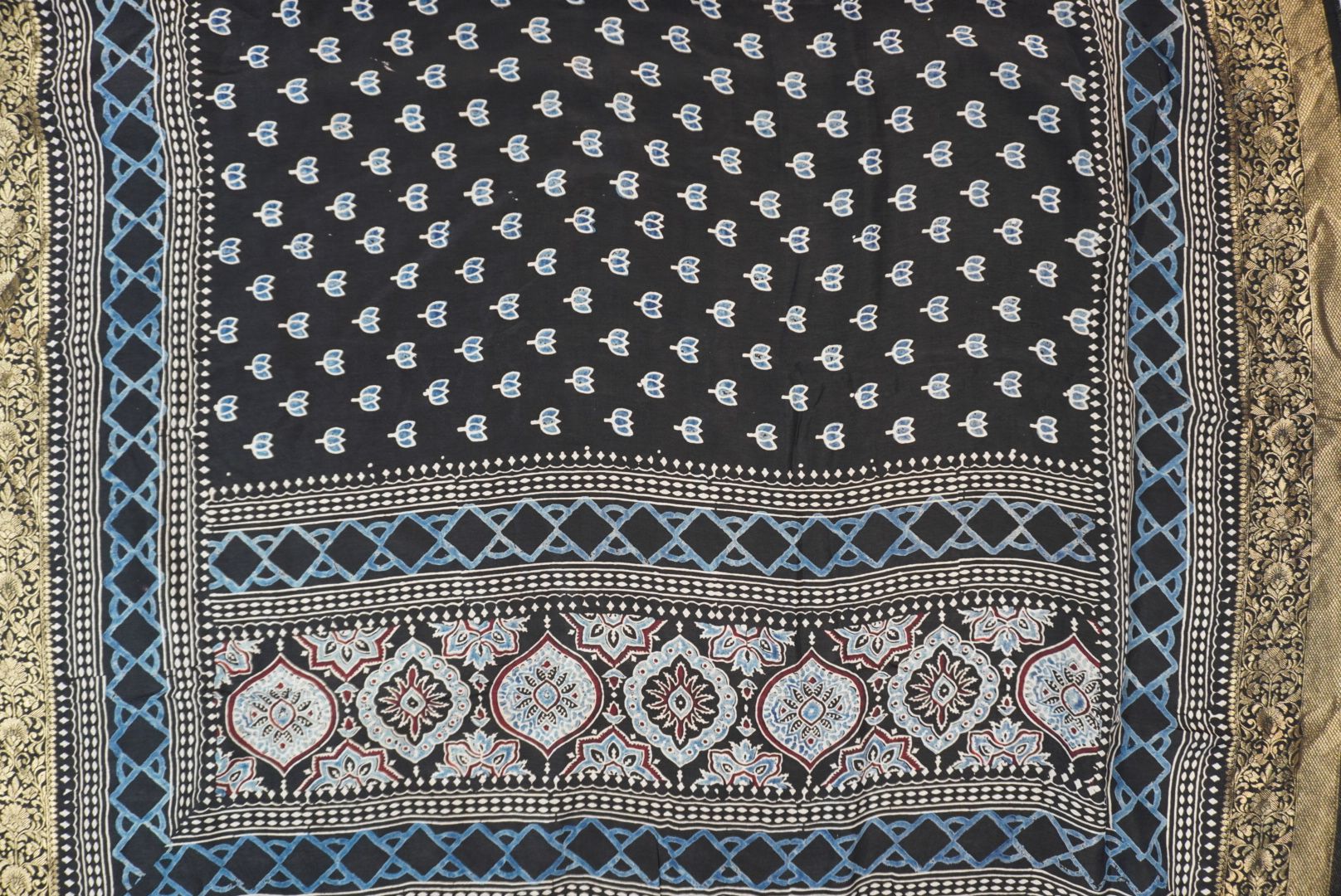 Dola silk ajrakh Handblock saree/Black/ Design 1