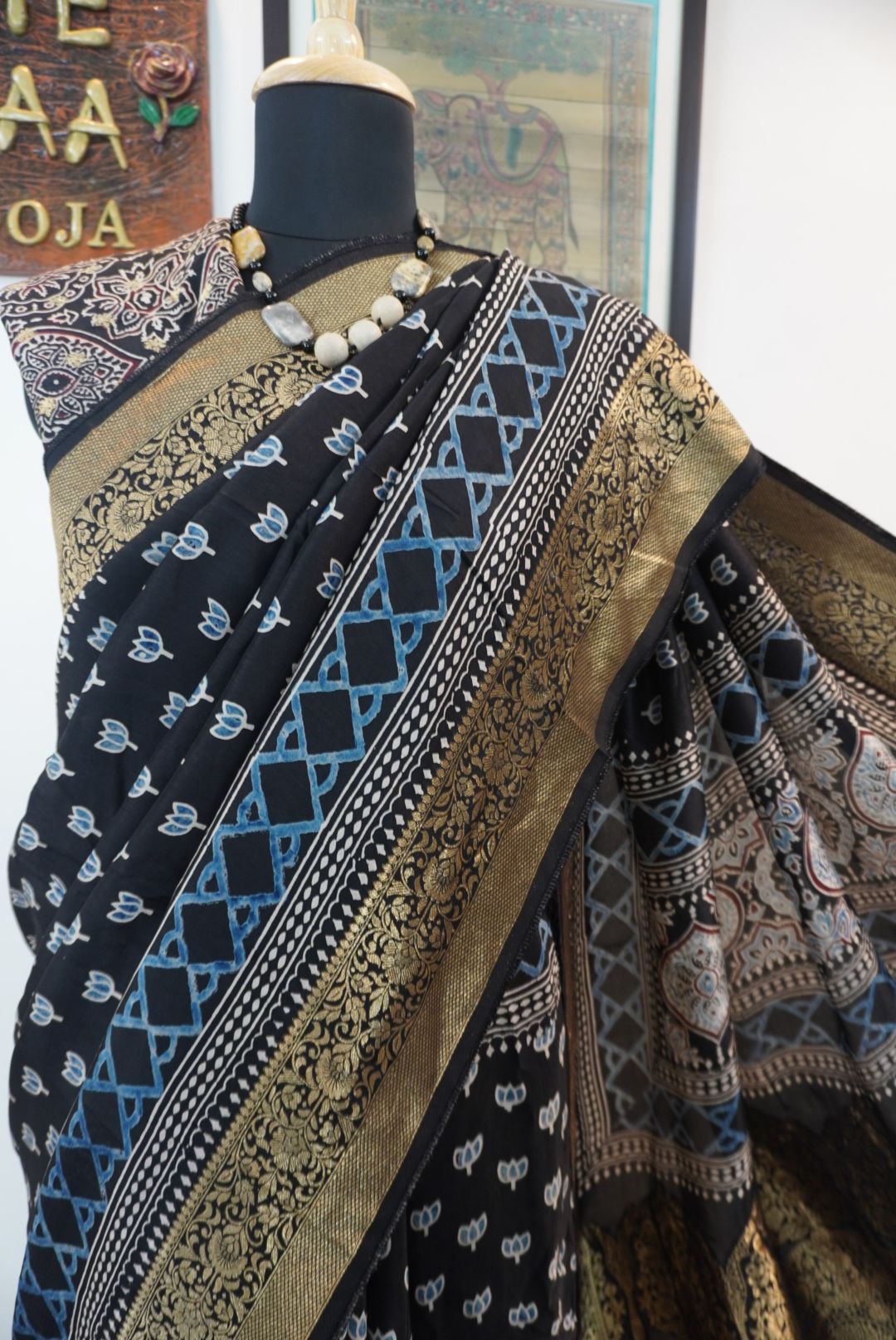 Dola silk ajrakh Handblock saree/Black/ Design 1