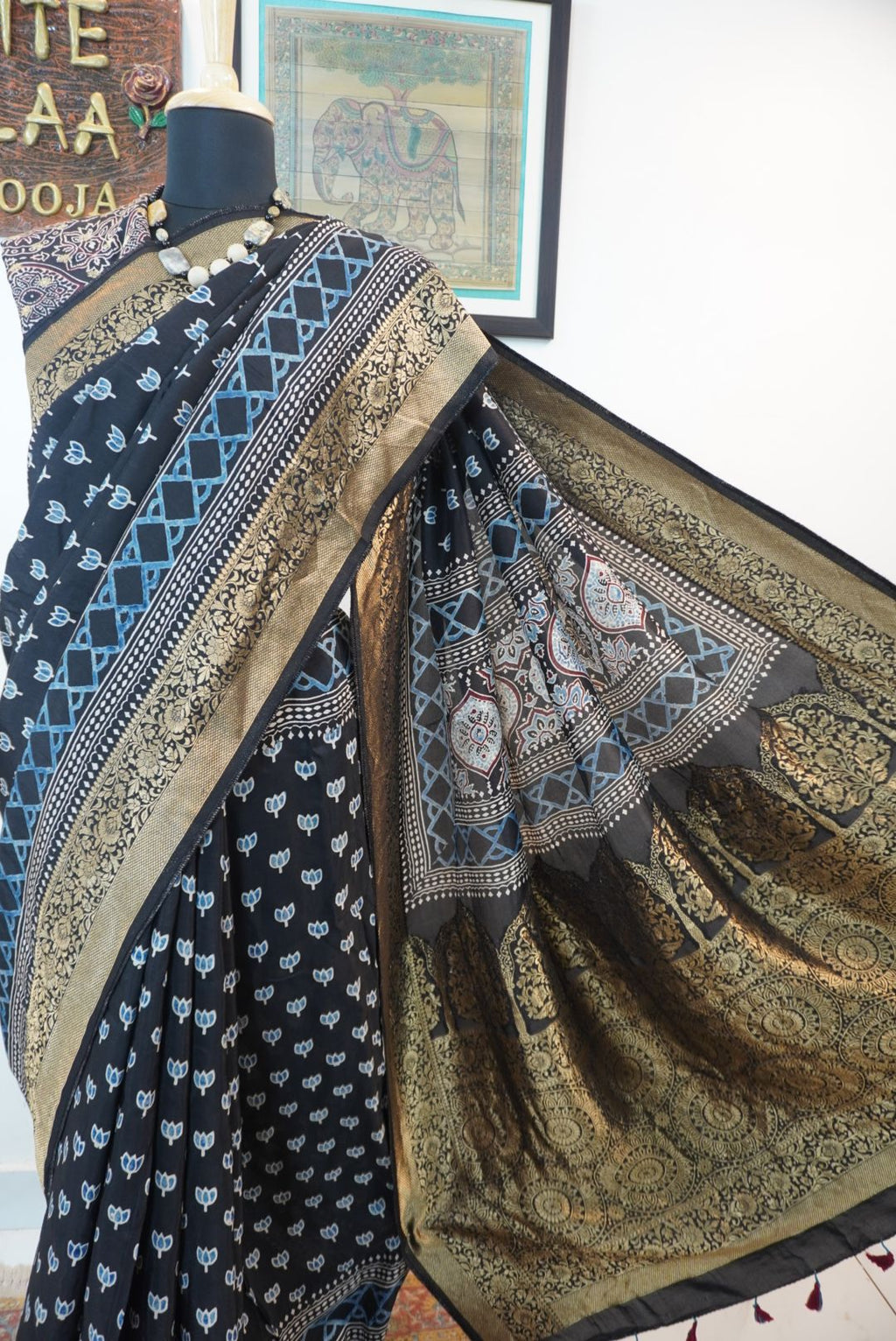 Dola silk ajrakh Handblock saree/Black/ Design 1
