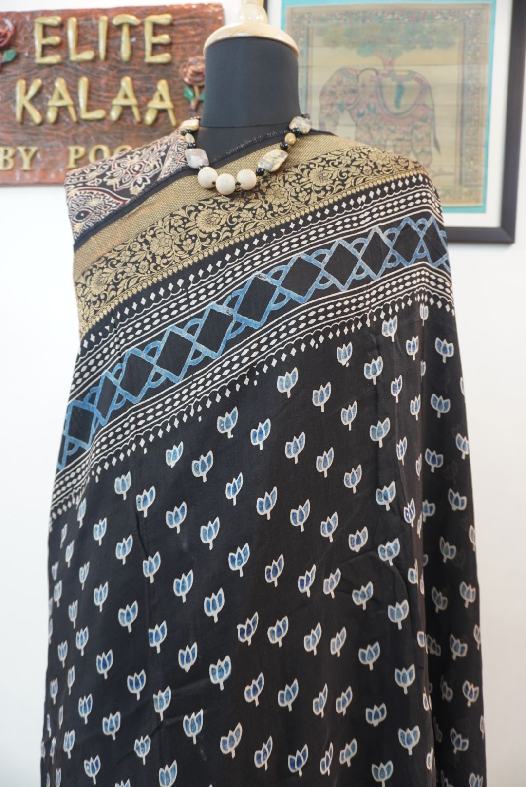 Dola silk ajrakh Handblock saree/Black/ Design 1