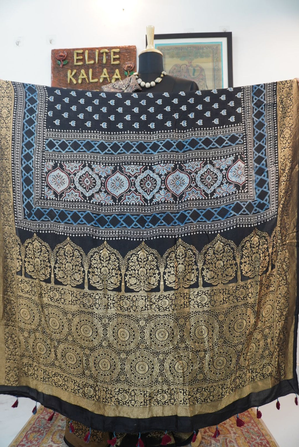 Dola silk ajrakh Handblock saree/Black/ Design 1