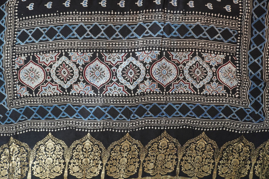 Dola silk ajrakh Handblock saree/Black/ Design 1