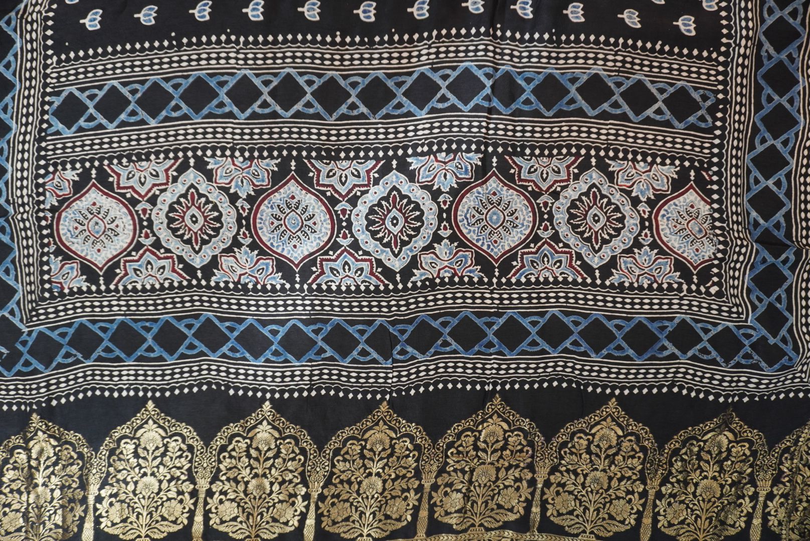 Dola silk ajrakh Handblock saree/Black/ Design 1