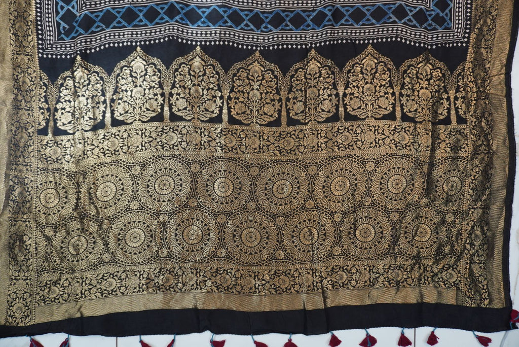 Dola silk ajrakh Handblock saree/Black/ Design 1