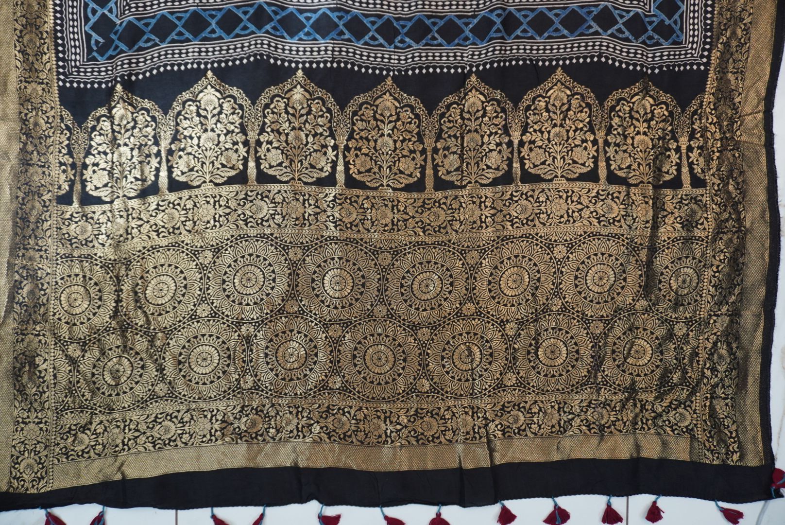 Dola silk ajrakh Handblock saree/Black/ Design 1