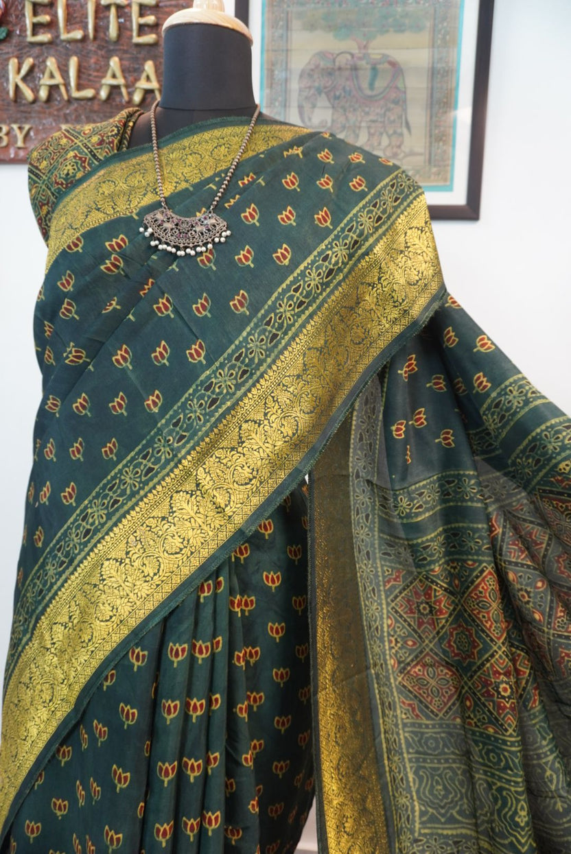 Green Dola silk Ajrakh block print saree with zari detail, border and tassels