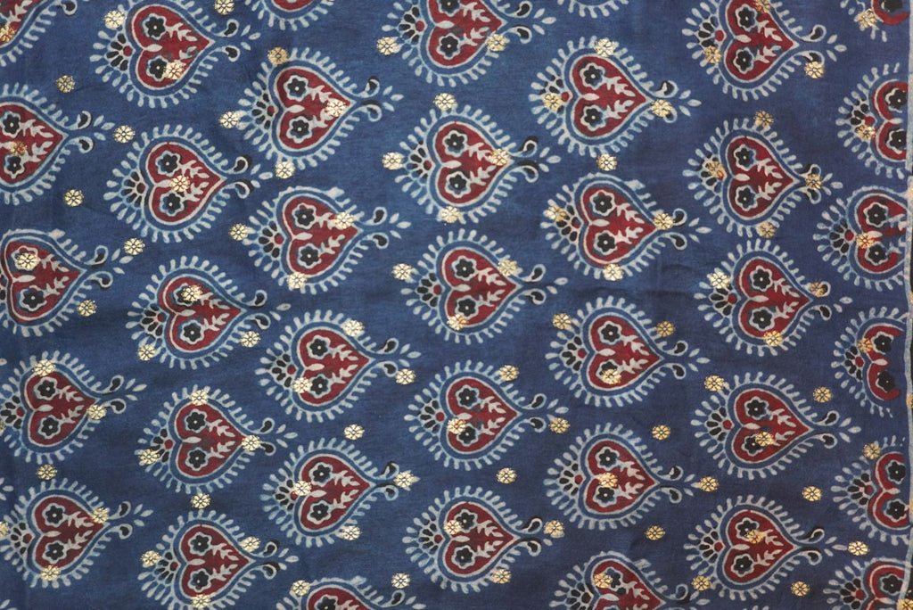 Blue Dola silk Ajrakh saree with multicolor placement pattern, border and zari accents