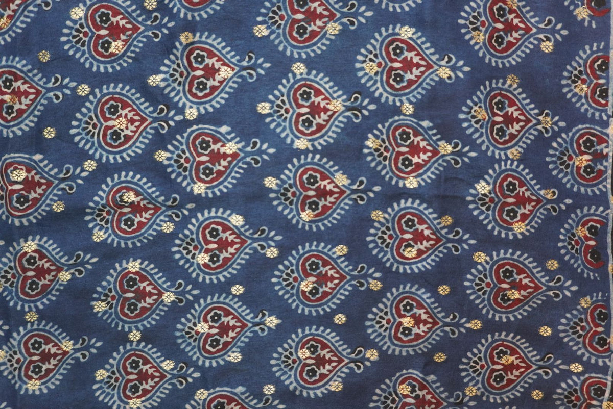 Blue Dola silk Ajrakh saree with multicolor placement pattern, border and zari accents