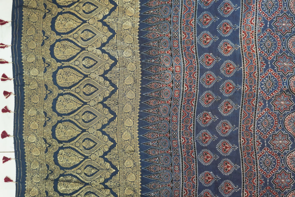 Blue Dola silk Ajrakh saree with multicolor placement pattern, border and zari accents