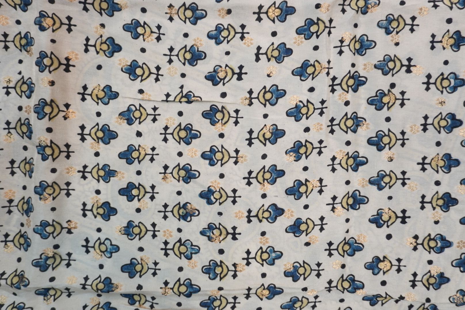 Ivory silk Ajrakh handblock saree with multicolor placement pattern, border detail and blue yellow black accents