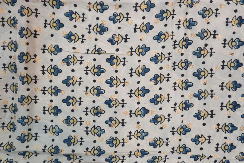 Ivory silk Ajrakh handblock saree with multicolor placement pattern, border detail and blue yellow black accents
