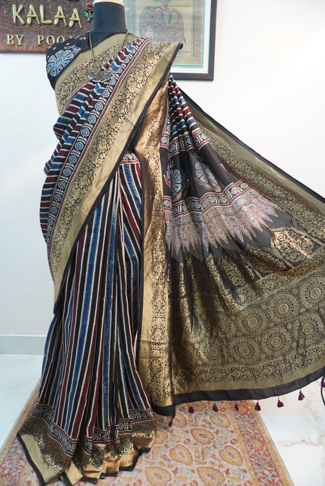 Dola silk Ajrakh handblock saree with multicolour striped design, border and tassels