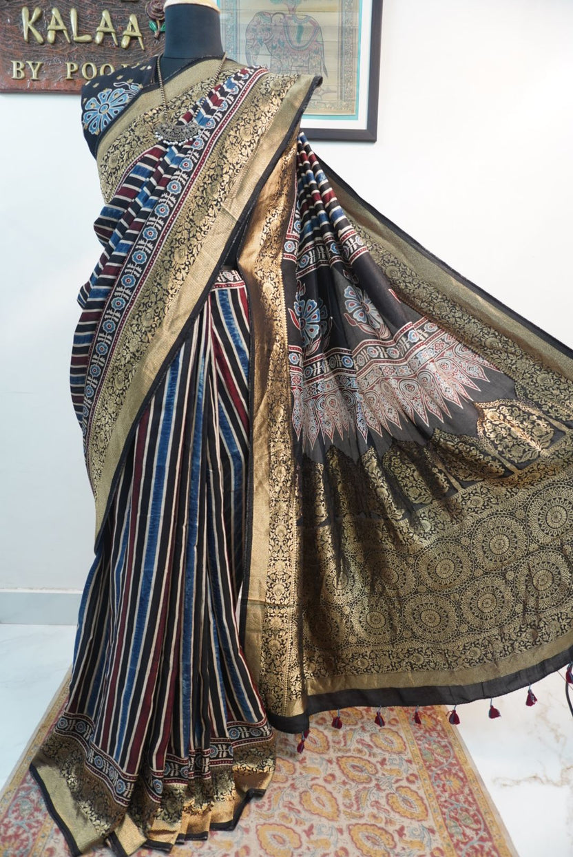 Dola silk Ajrakh handblock saree with multicolour striped design, border and tassels