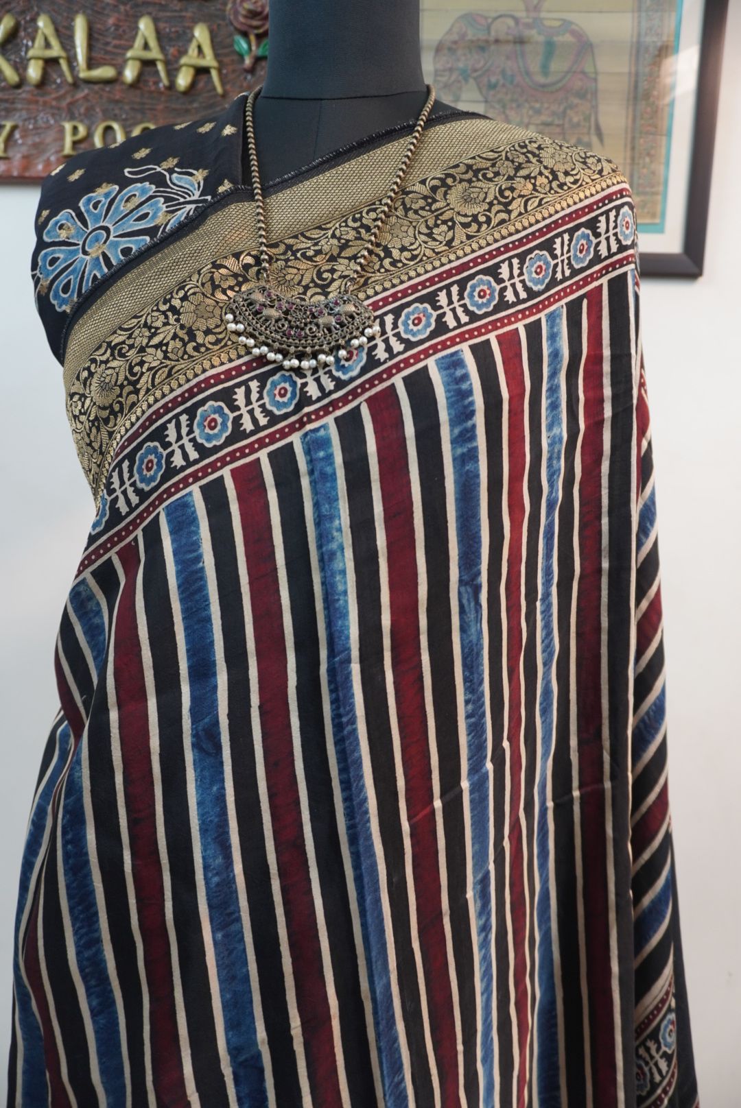 Dola silk Ajrakh handblock saree with multicolour striped design, border and tassels
