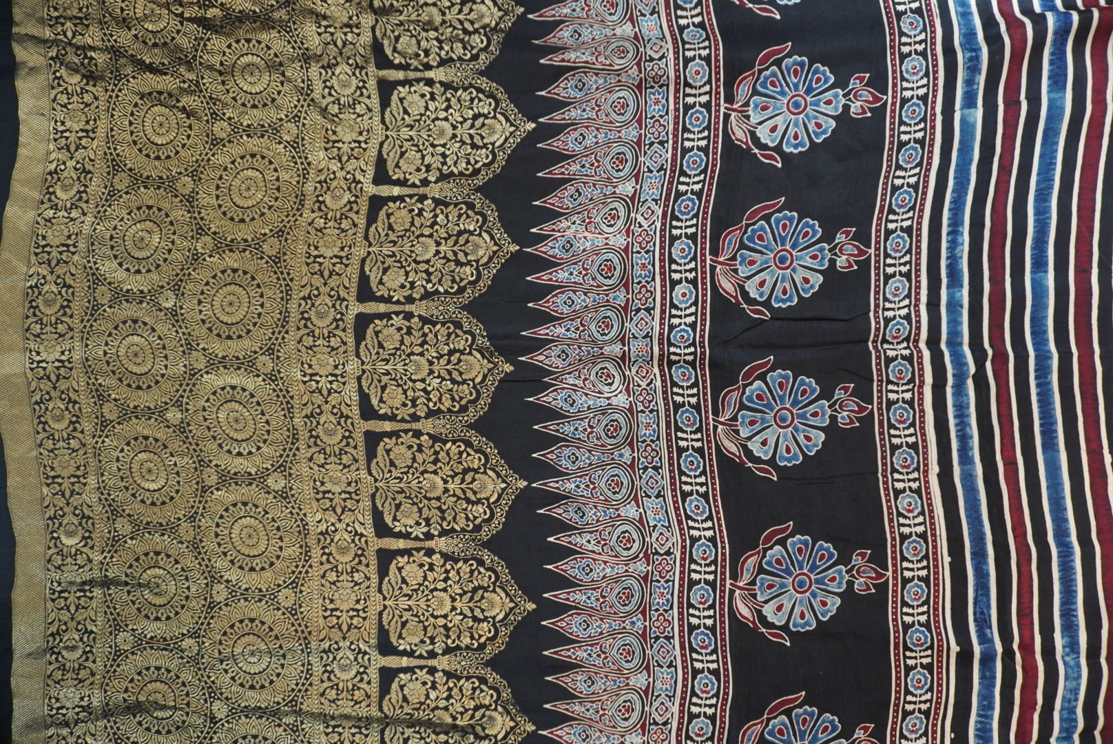 Dola silk Ajrakh handblock saree with multicolour striped design, border and tassels