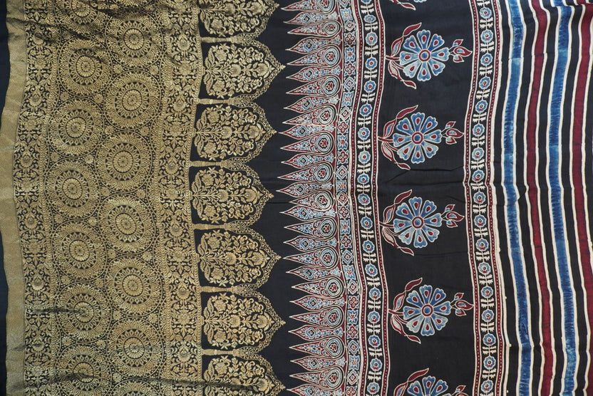 Dola silk Ajrakh handblock saree with multicolour striped design, border and tassels