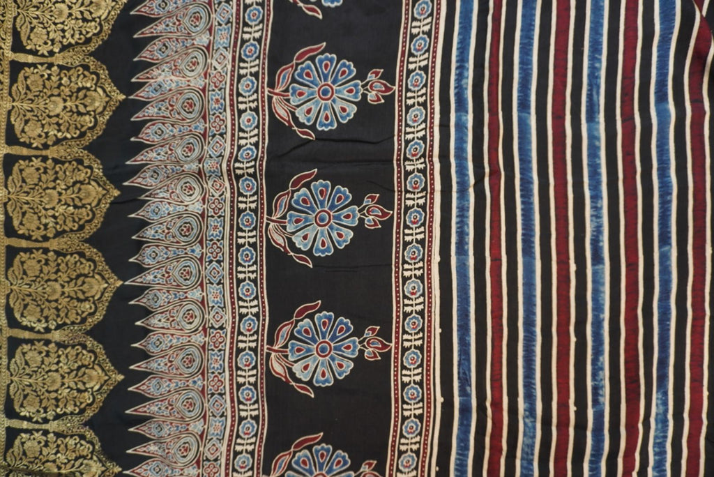 Dola silk Ajrakh handblock saree with multicolour striped design, border and tassels
