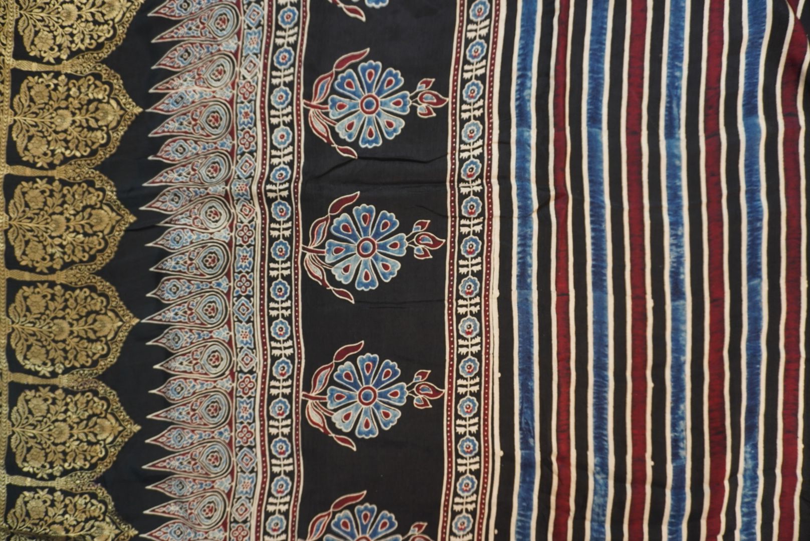 Dola silk Ajrakh handblock saree with multicolour striped design, border and tassels