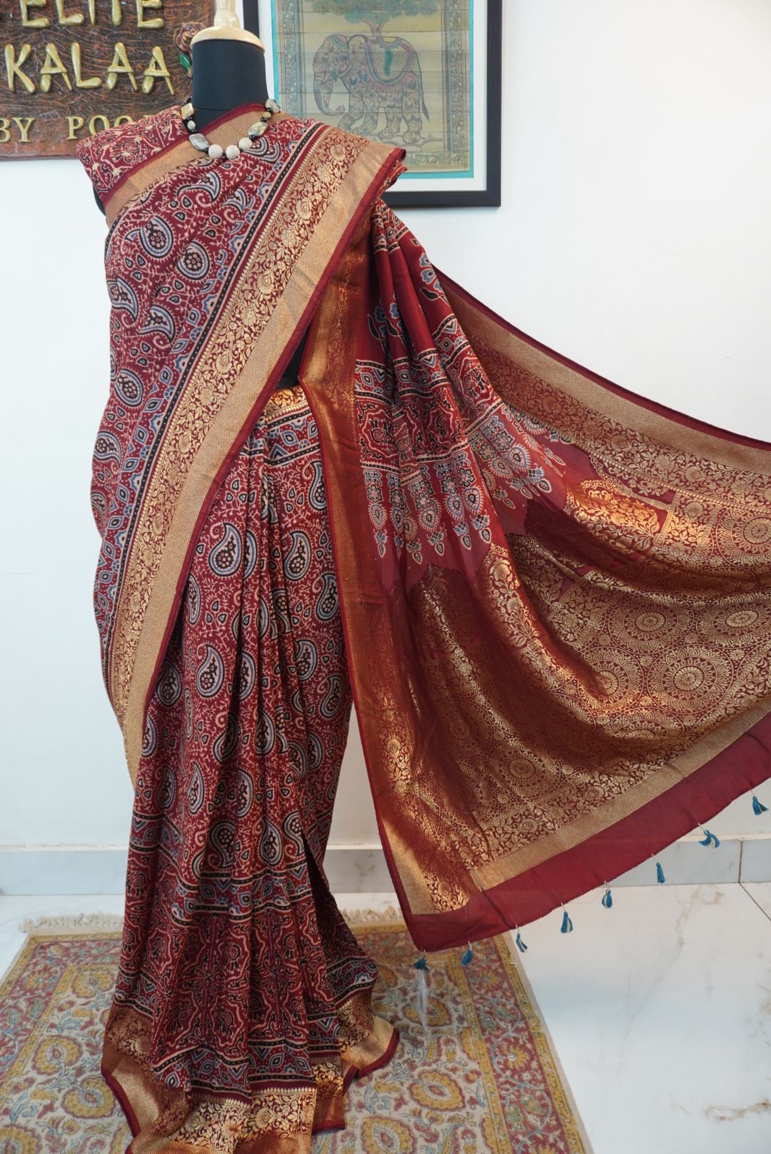 Dola silk ajrakh saree with floral nakshi pallu -  red