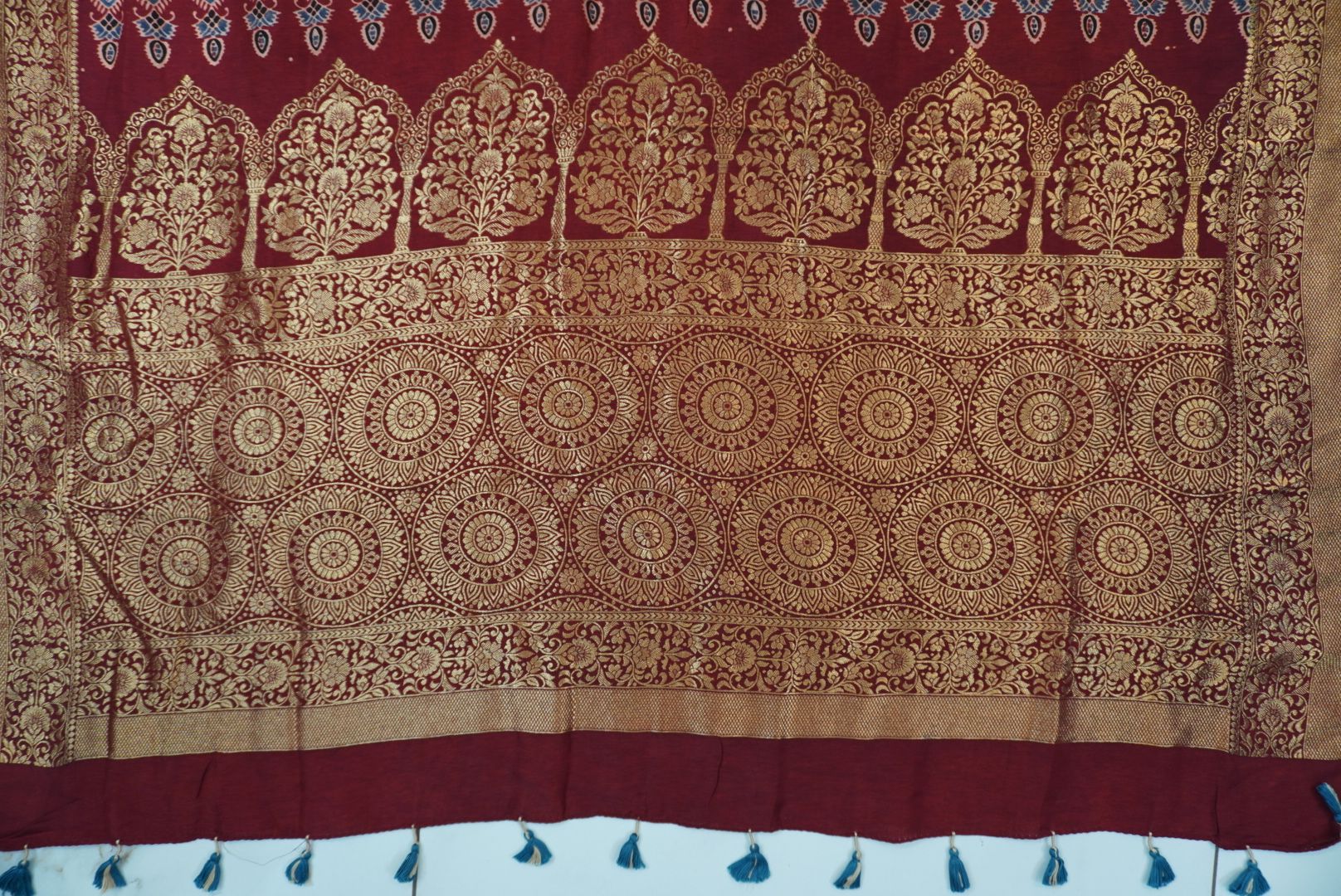 Dola silk ajrakh saree with floral nakshi pallu -  red
