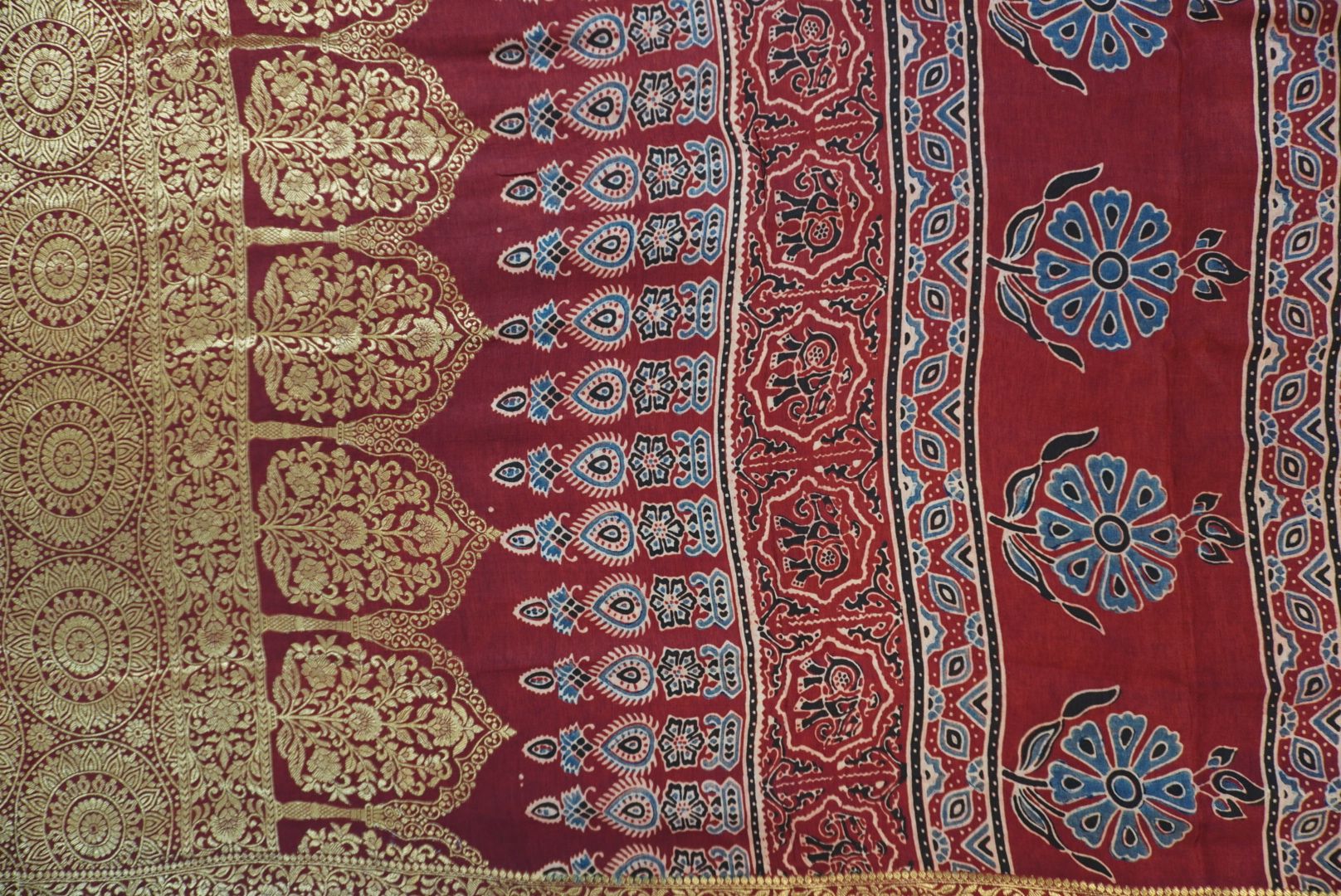 Dola silk ajrakh saree with floral nakshi pallu -  red