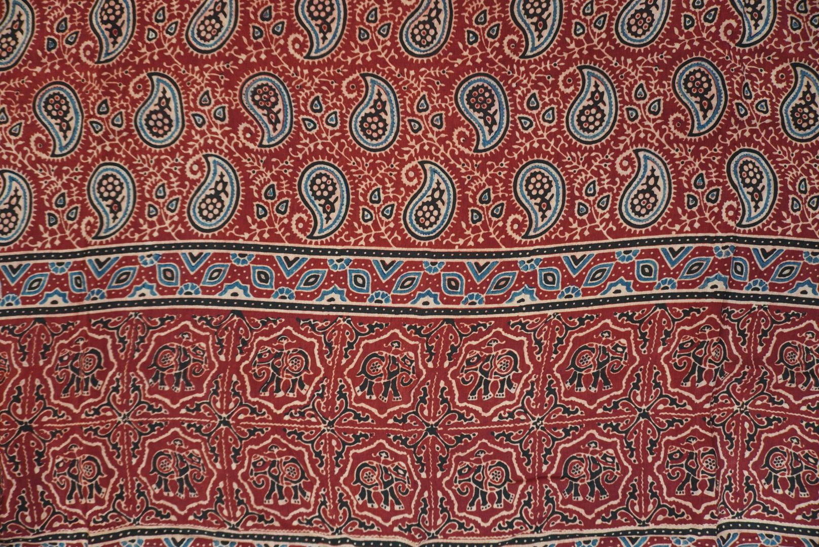 Dola silk ajrakh saree with floral nakshi pallu -  red