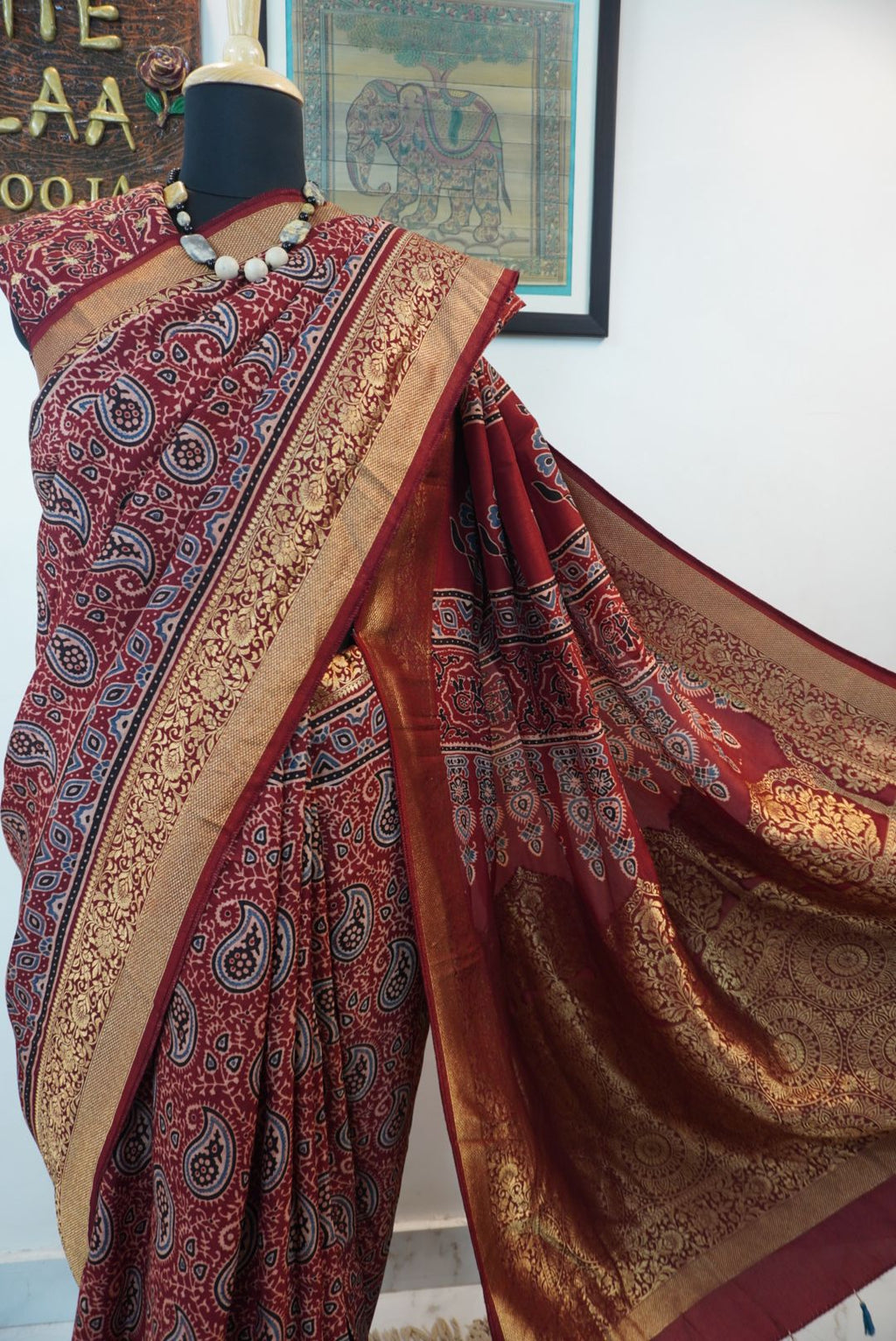 Dola silk ajrakh saree with floral nakshi pallu -  red